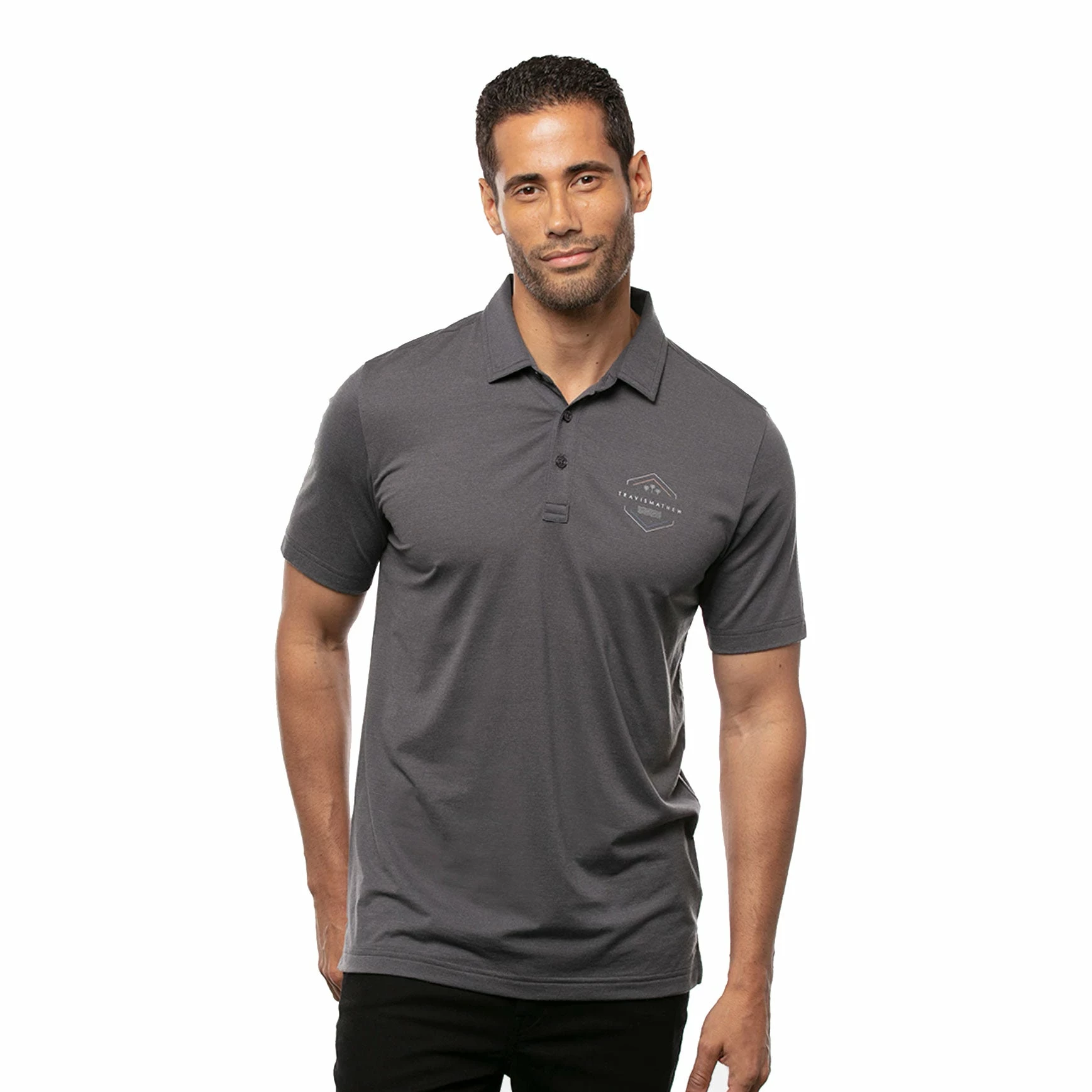 TravisMathew Bar Menu Heather Black Mens Golf Polo 1 TravisMathew Bar Menu Heather Black Mens Golf Polo