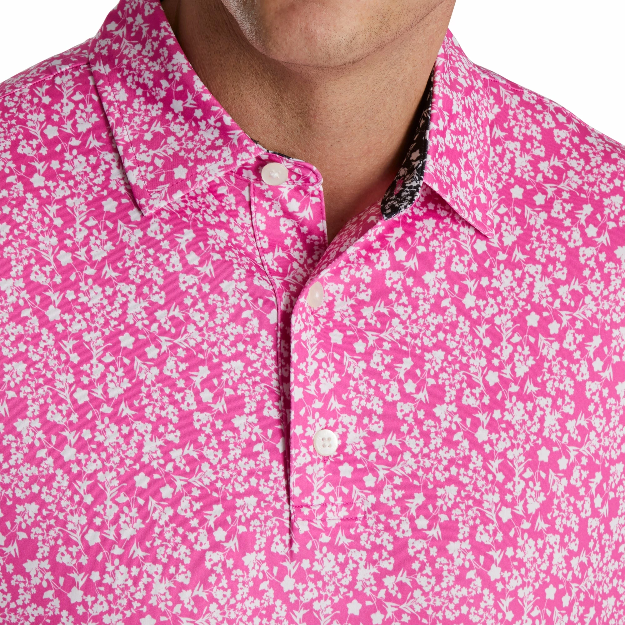 FootJoy Floral Vines Lisle Hot Pink Mens Golf Polo 3 FootJoy Floral Vines Lisle Hot Pink Mens Golf Polo - Image 3