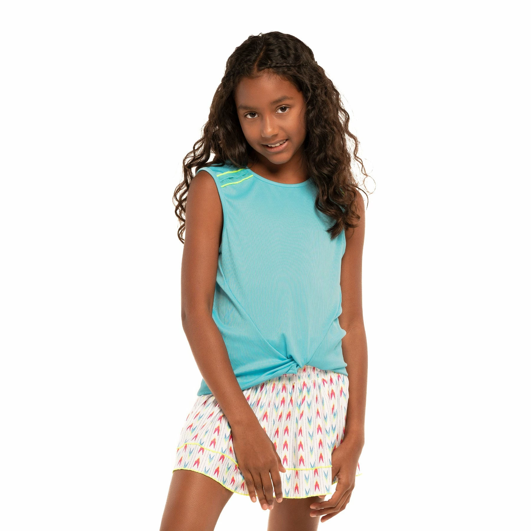 Lucky In Love Twist Front Sky Girls Sleeveless Golf Shirt 1 Lucky In Love Twist Front Sky Girls Sleeveless Golf Shirt