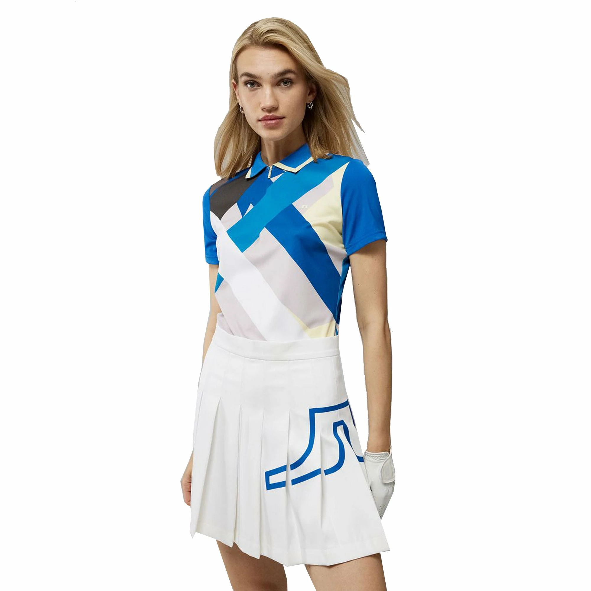 J.Lindeberg J. Lindeberg Antonia Printed Blue Grey Flag Womens Golf Polo 1 J.Lindeberg J. Lindeberg Antonia Printed Blue Grey Flag Womens Golf Polo